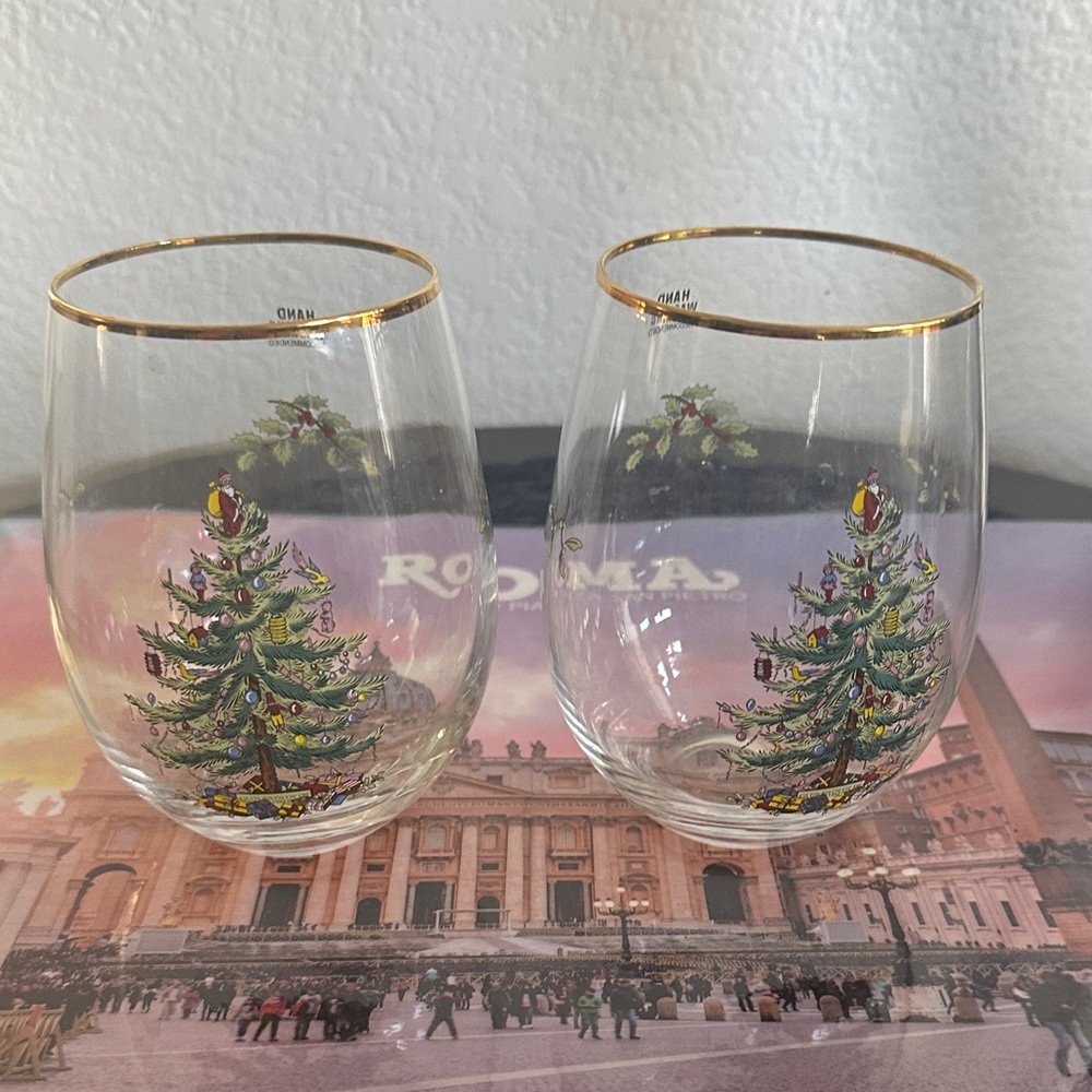 Spode Gold-Trimmed Holiday Glasses with Christmas Tree Design